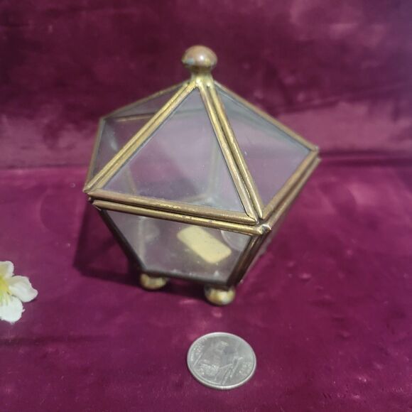 Vintage Glass & Brass Pentagon Trinket Box With Lid Jewelry Display Case 5 Side - Picture 1 of 12